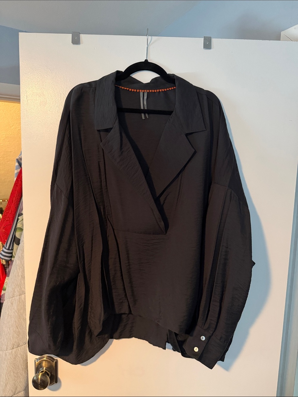 Anthropologie Black Draped V-Neck Blouse with Notch Lapel